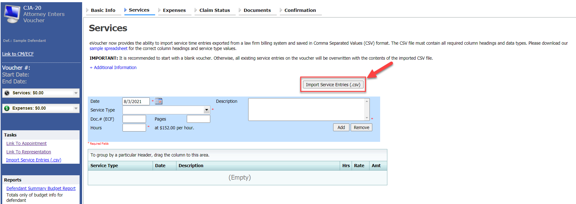 Import Service Entries Button