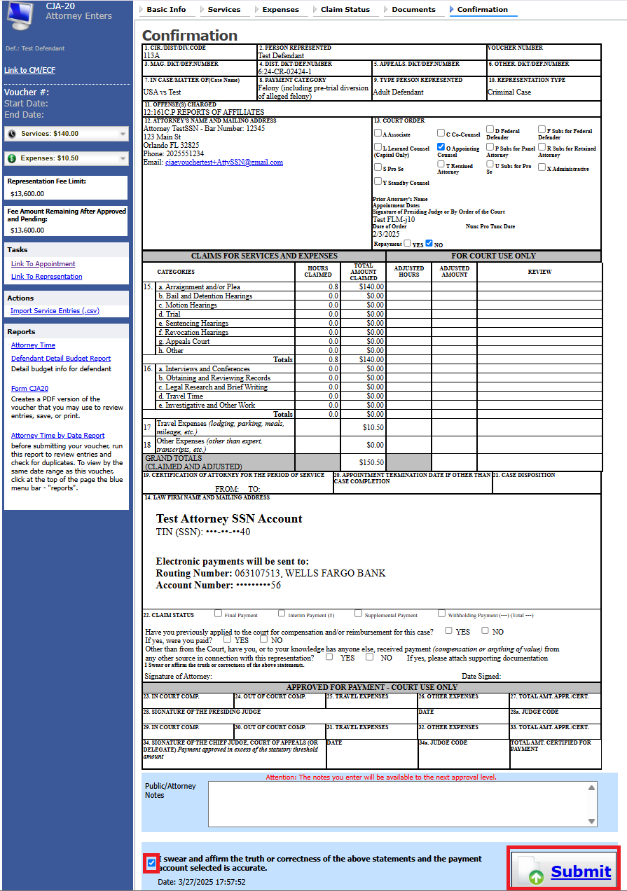 CJA 20 Confirmation tab