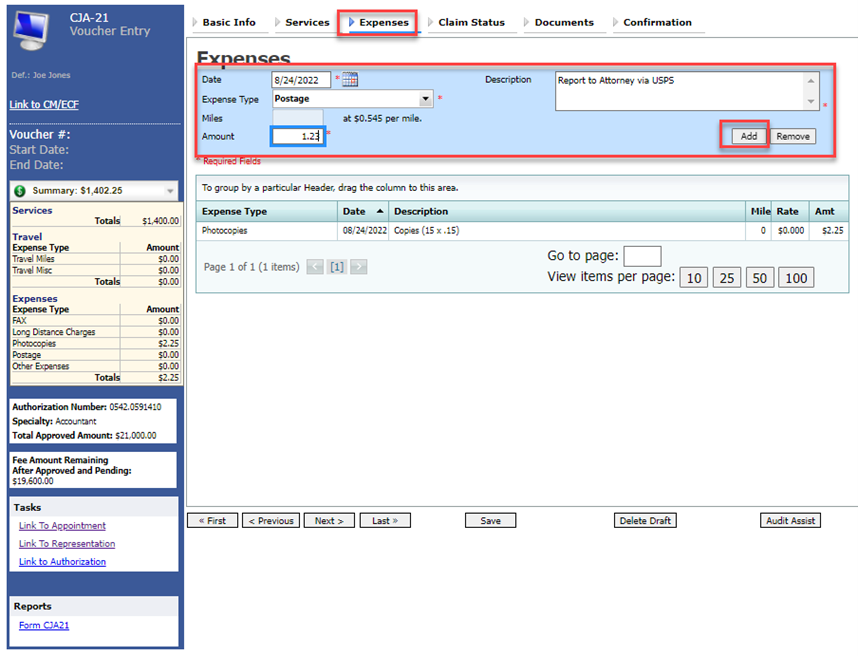 CJA 21 Expenses