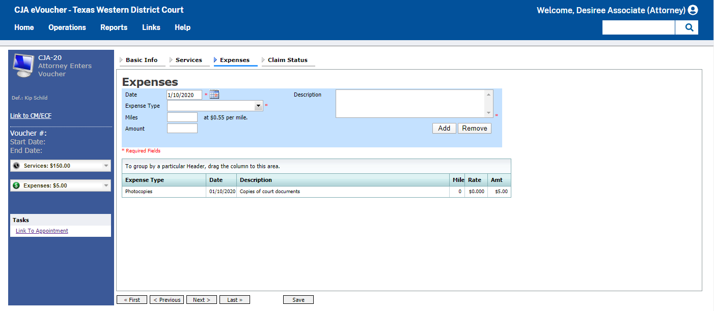 Associate view of Expenses tab with ability to edit.