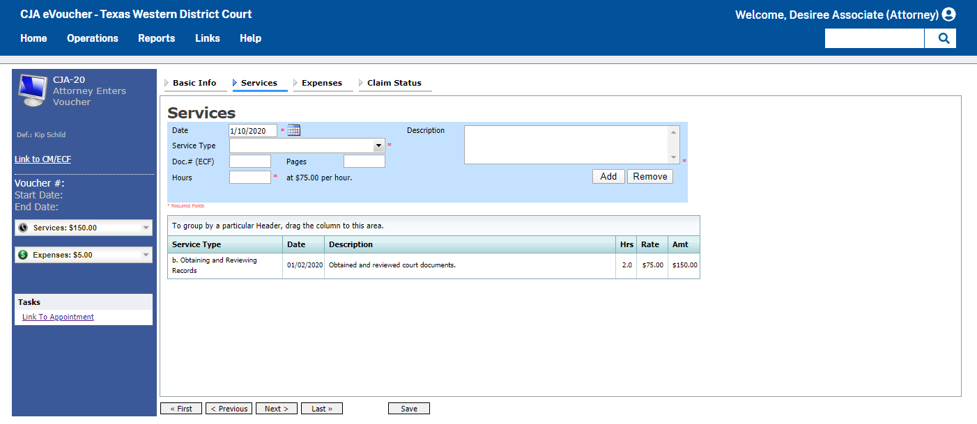 Associate view of Services tab with ability to edit the voucher.